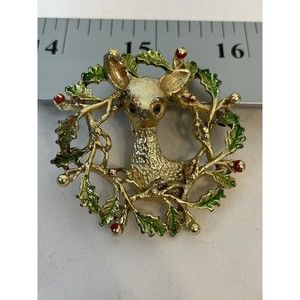 Christmas Brooch Jewelry Gold Tone Deer Wreath Signed Gerry’s Vintage